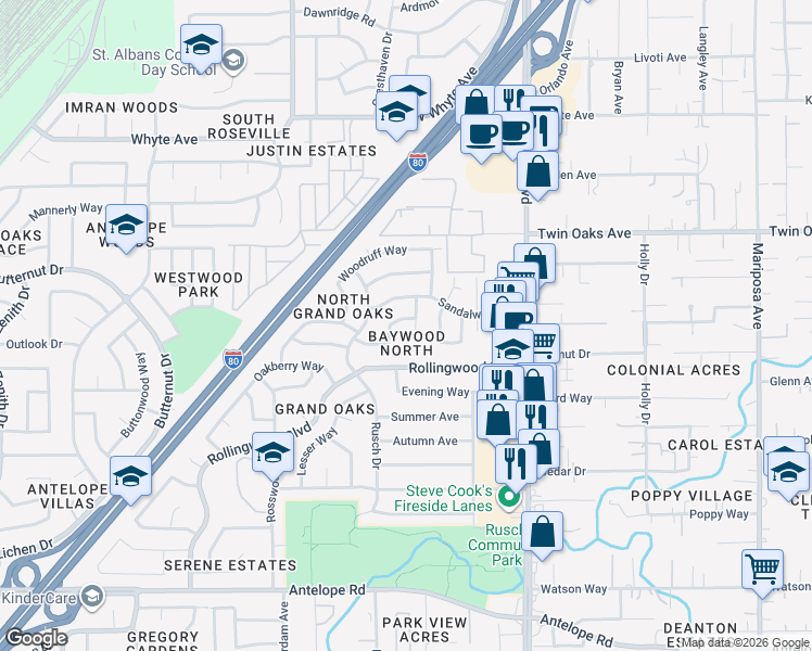 map of restaurants, bars, coffee shops, grocery stores, and more near 8204 Baymore Way in Citrus Heights