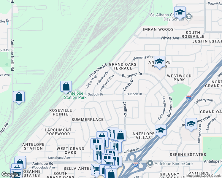 map of restaurants, bars, coffee shops, grocery stores, and more near 6610 Outlook Drive in Citrus Heights