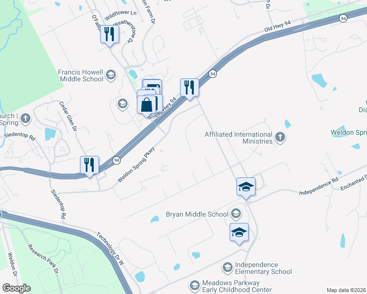 map of restaurants, bars, coffee shops, grocery stores, and more near 786 Southbrook Forest Court in Weldon Spring