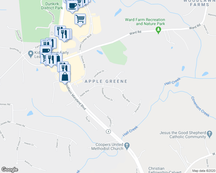 map of restaurants, bars, coffee shops, grocery stores, and more near 2704 Apple Way in Dunkirk