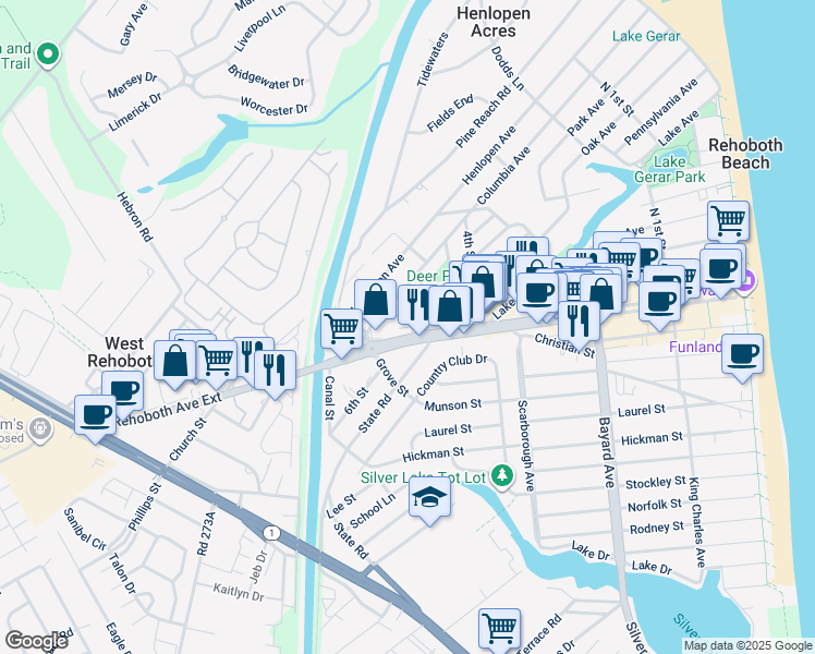map of restaurants, bars, coffee shops, grocery stores, and more near 409 Rehoboth Avenue in Dewey Beach