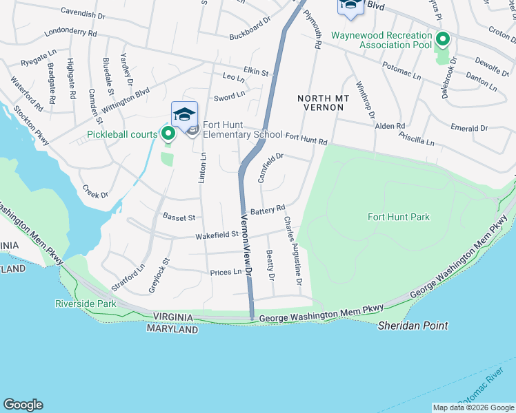 map of restaurants, bars, coffee shops, grocery stores, and more near 8904 Camfield Drive in Alexandria