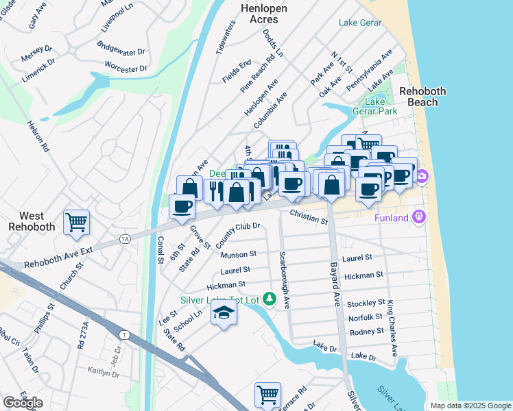 map of restaurants, bars, coffee shops, grocery stores, and more near Rehoboth Avenue in Rehoboth Beach