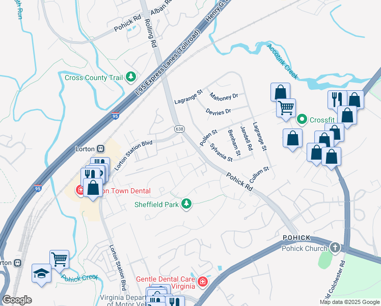 map of restaurants, bars, coffee shops, grocery stores, and more near 8935 Penfield Court in Lorton