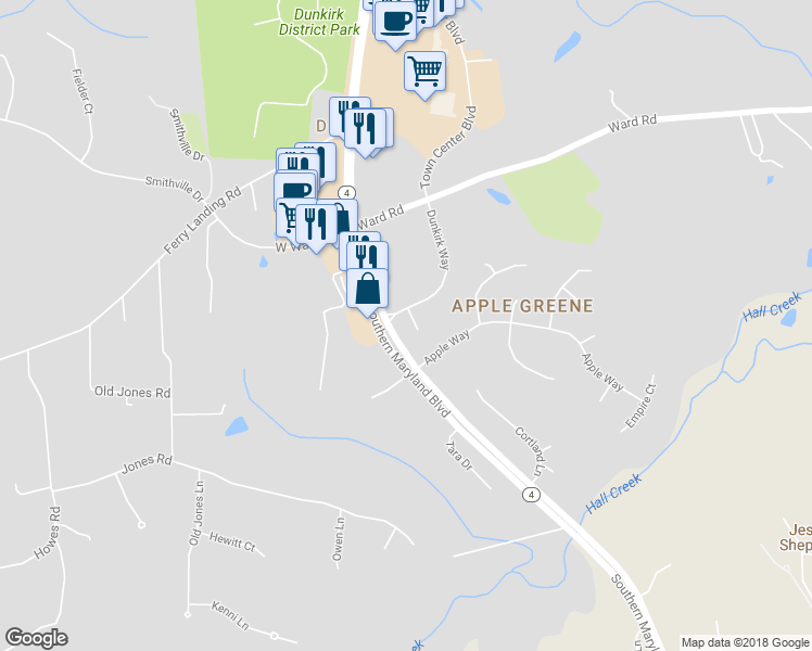 map of restaurants, bars, coffee shops, grocery stores, and more near 2880 Dunkirk Way in Dunkirk