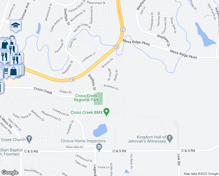 map of restaurants, bars, coffee shops, grocery stores, and more near 7777 Stockton Drive in Fountain