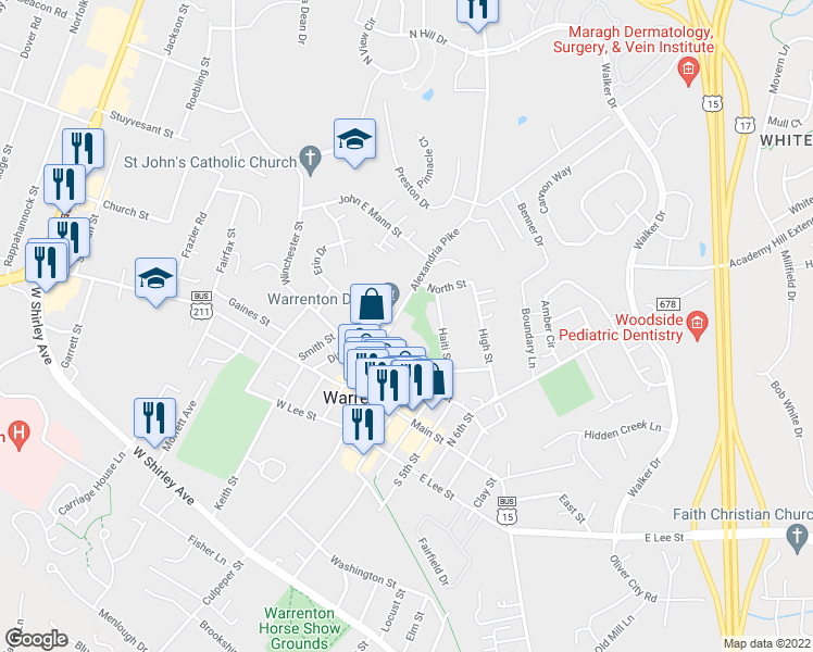 map of restaurants, bars, coffee shops, grocery stores, and more near 95 Alexandria Pike in Warrenton