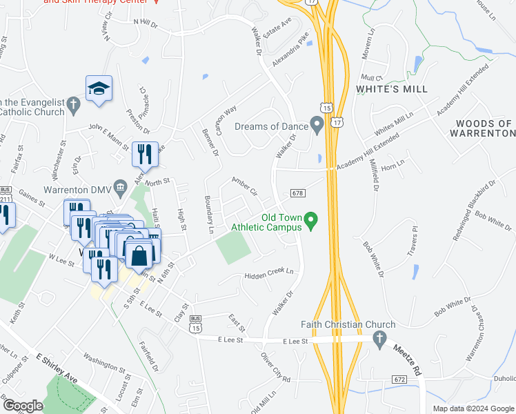 map of restaurants, bars, coffee shops, grocery stores, and more near 325 Amber Circle in Warrenton