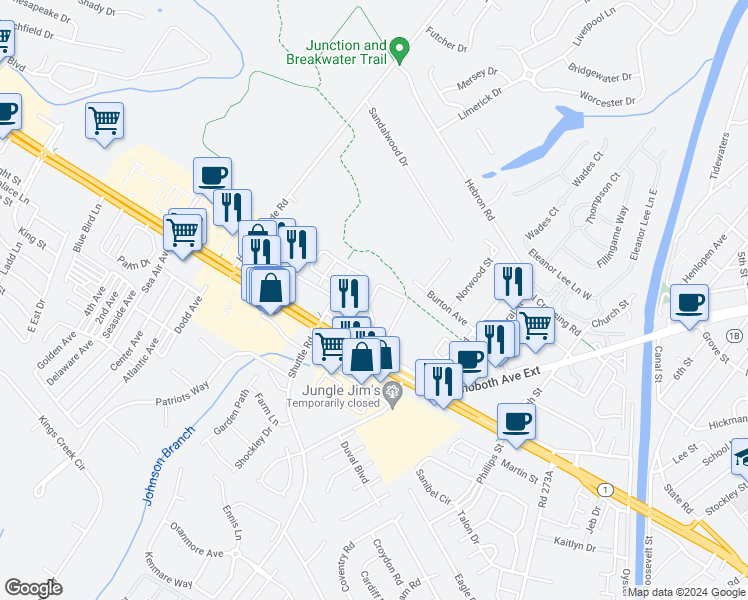 map of restaurants, bars, coffee shops, grocery stores, and more near 19999 Sandy Bottom Circle in Rehoboth Beach
