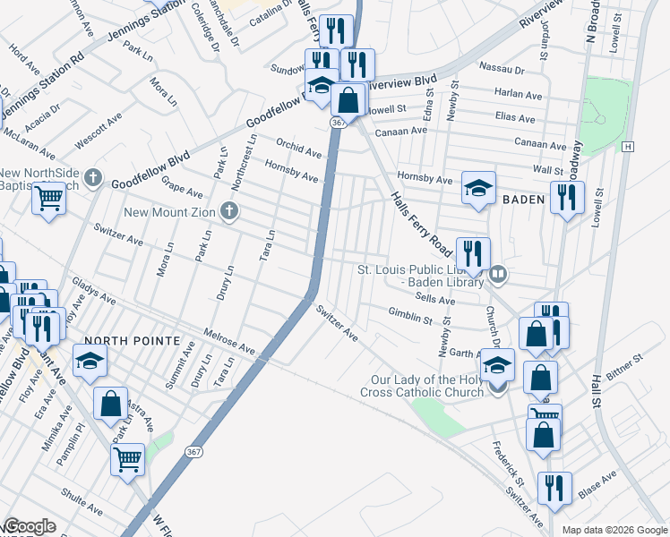 map of restaurants, bars, coffee shops, grocery stores, and more near 8646 Partridge Avenue in St. Louis