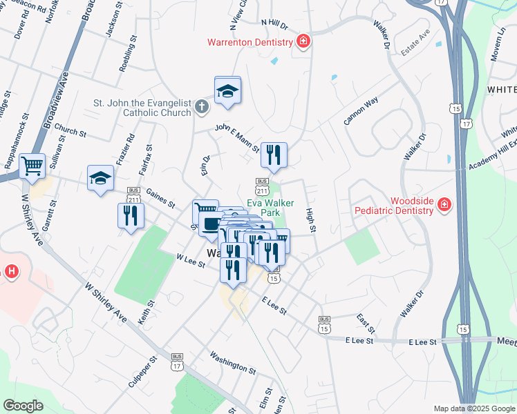 map of restaurants, bars, coffee shops, grocery stores, and more near 95 Alexandria Pike in Warrenton