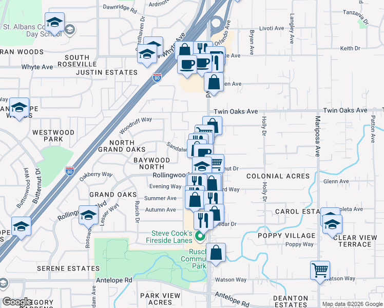 map of restaurants, bars, coffee shops, grocery stores, and more near 7456 Sandalwood Drive in Citrus Heights