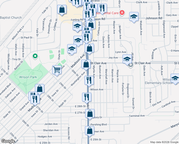 map of restaurants, bars, coffee shops, grocery stores, and more near 2931 Myrtle Avenue in Granite City
