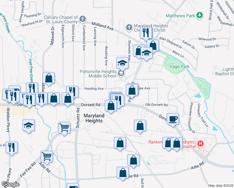 map of restaurants, bars, coffee shops, grocery stores, and more near 225 Shumate Avenue in Maryland Heights