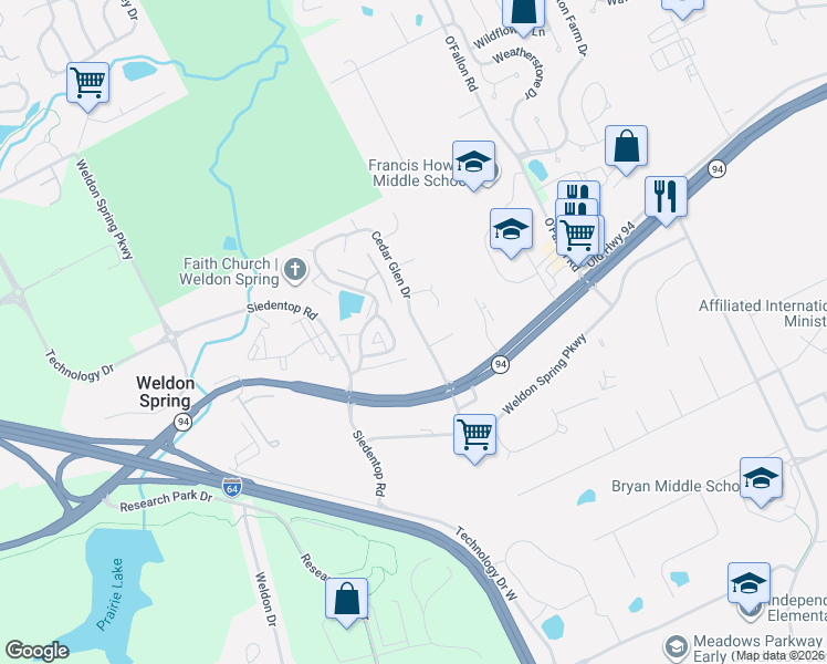map of restaurants, bars, coffee shops, grocery stores, and more near 705 Cedar Glen Drive in Weldon Spring