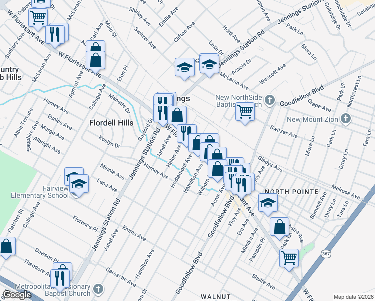 map of restaurants, bars, coffee shops, grocery stores, and more near 5739 Hodiamont Avenue in Jennings