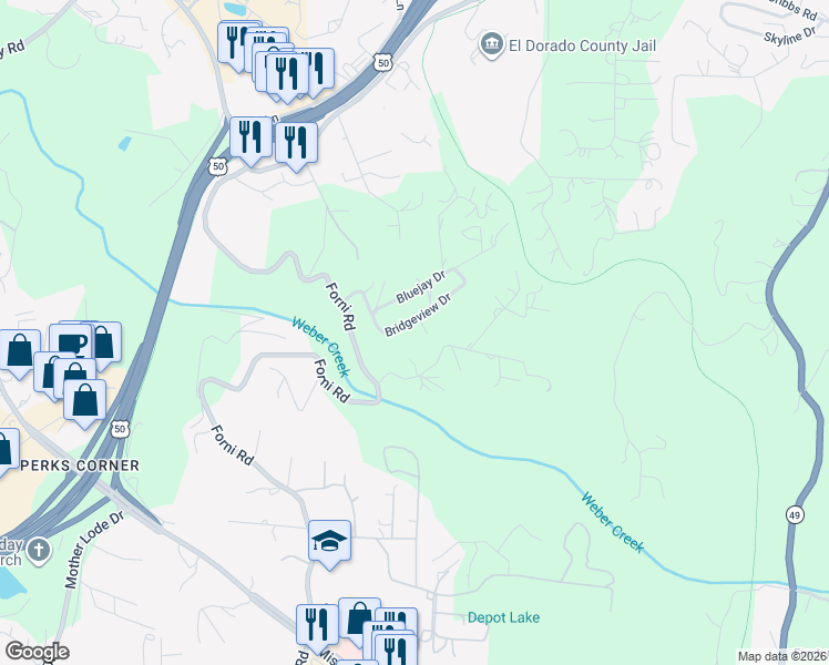 map of restaurants, bars, coffee shops, grocery stores, and more near 55 Dawn Lane in Placerville