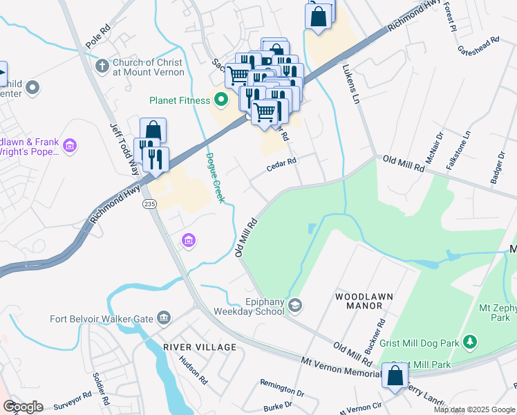 map of restaurants, bars, coffee shops, grocery stores, and more near 5302 Old Mill Road in Alexandria