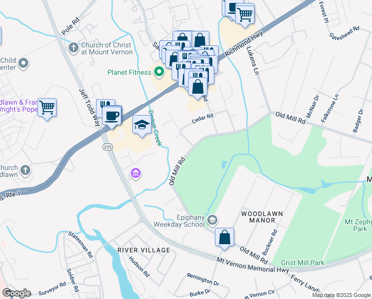 map of restaurants, bars, coffee shops, grocery stores, and more near 5302 Old Mill Road in Alexandria