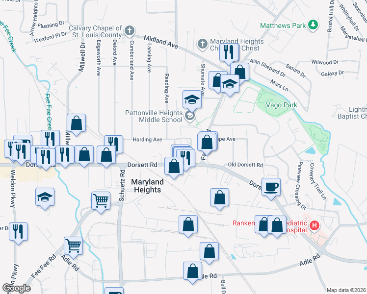 map of restaurants, bars, coffee shops, grocery stores, and more near 225 Shumate Avenue in Maryland Heights