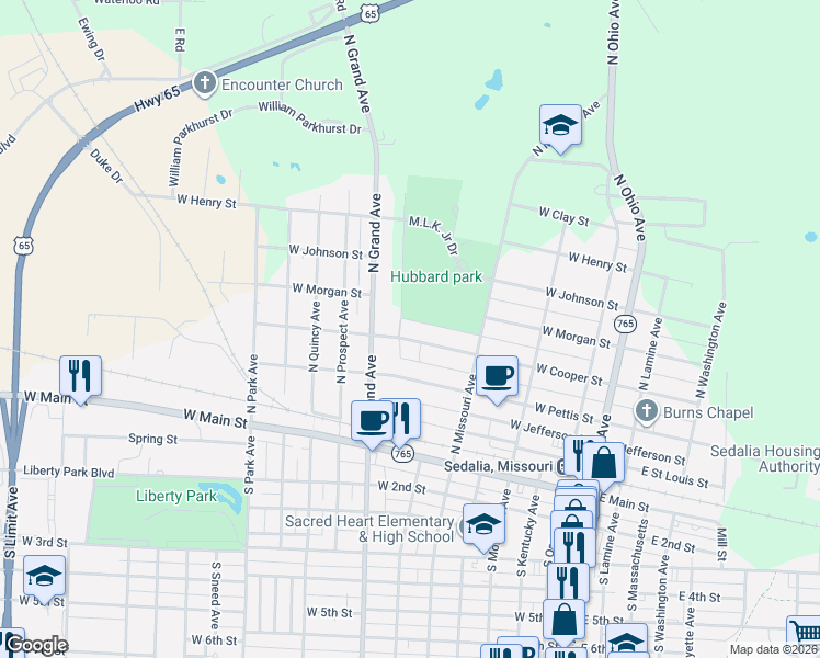 map of restaurants, bars, coffee shops, grocery stores, and more near 619-703 West Cooper Street in Sedalia