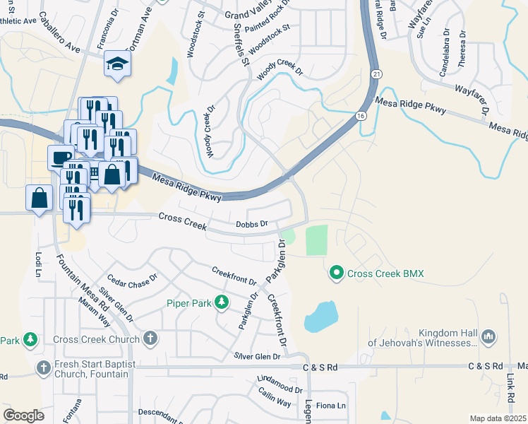 map of restaurants, bars, coffee shops, grocery stores, and more near 7573 Duck Hawk Place in Fountain
