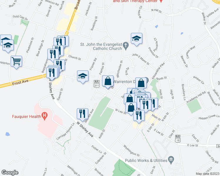 map of restaurants, bars, coffee shops, grocery stores, and more near 143 Waterloo Street in Warrenton