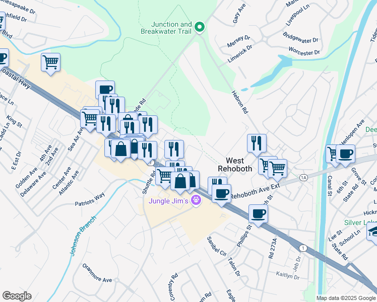map of restaurants, bars, coffee shops, grocery stores, and more near 19999 Sandy Bottom Circle in Rehoboth Beach