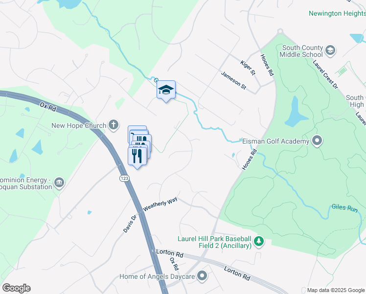 map of restaurants, bars, coffee shops, grocery stores, and more near 9102 Wood Spice Lane in Lorton