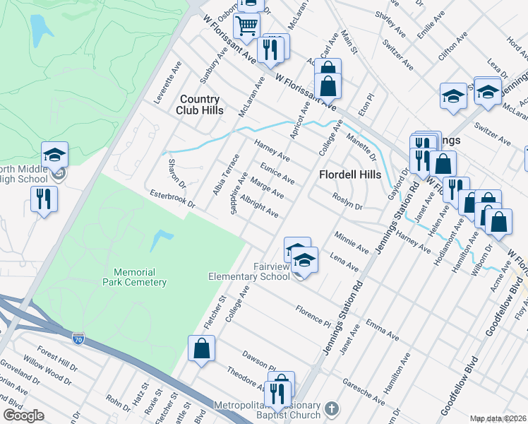 map of restaurants, bars, coffee shops, grocery stores, and more near 7307 Albright Avenue in Jennings