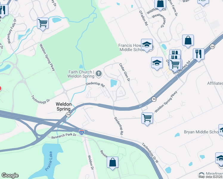 map of restaurants, bars, coffee shops, grocery stores, and more near 500 Hemingway Lane in Weldon Spring
