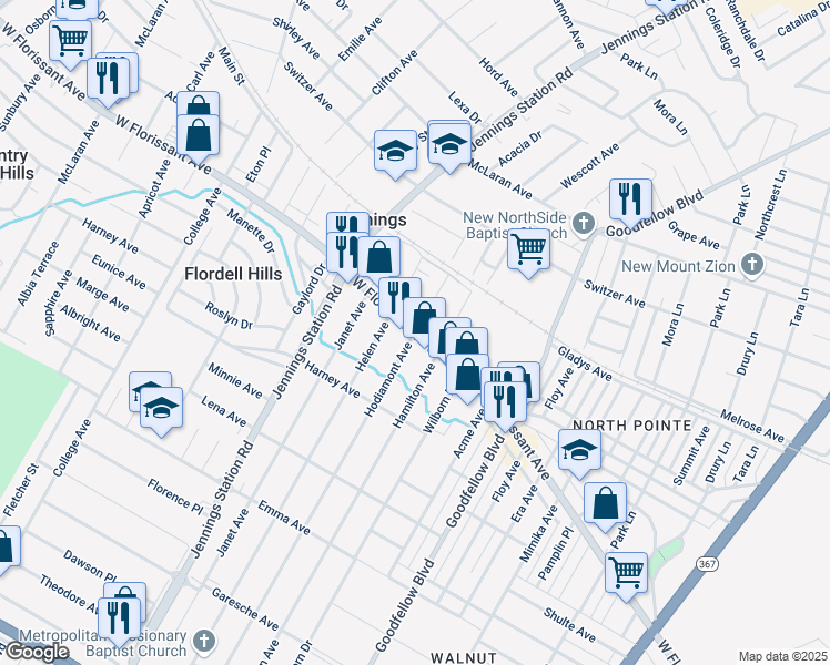 map of restaurants, bars, coffee shops, grocery stores, and more near W Florissant Ave & Hodiamont Ave in Jennings