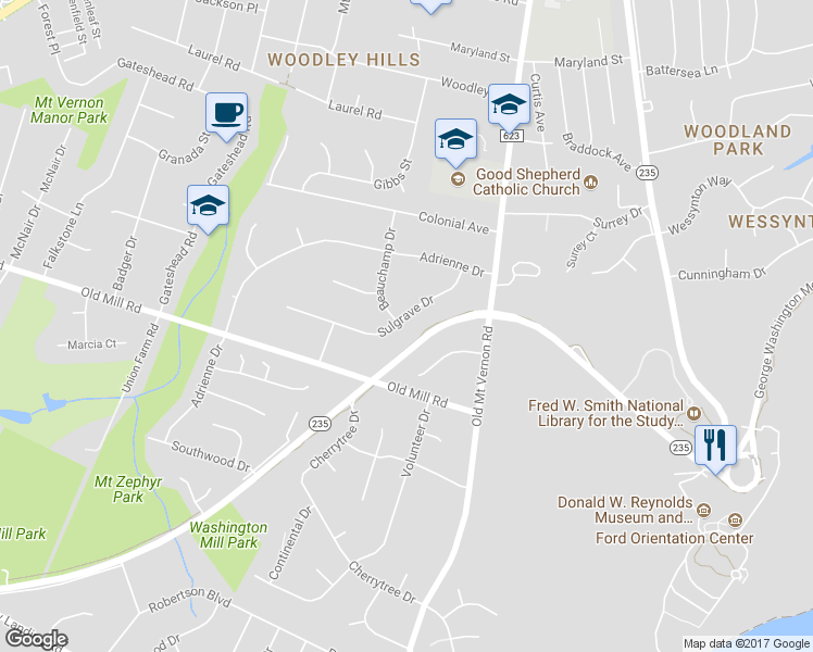 map of restaurants, bars, coffee shops, grocery stores, and more near 3905 Sulgrave Drive in Alexandria