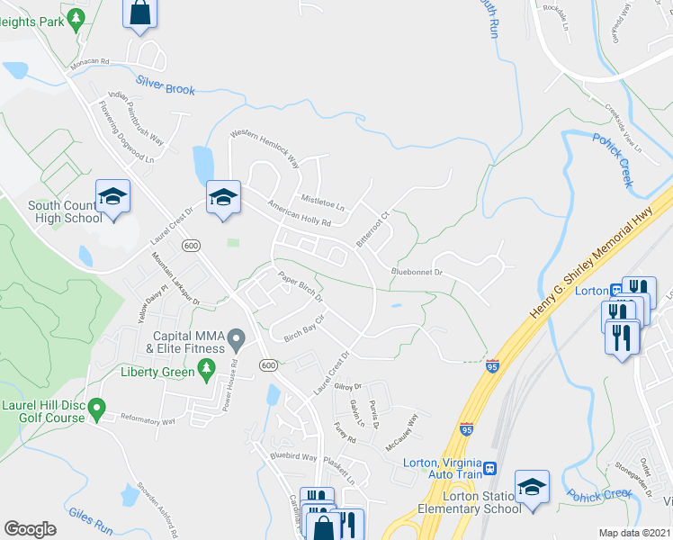 map of restaurants, bars, coffee shops, grocery stores, and more near 8191 Singleleaf Lane in Lorton