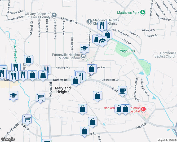map of restaurants, bars, coffee shops, grocery stores, and more near 174 Fee Fee Road in Maryland Heights