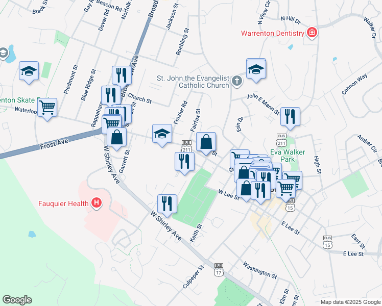 map of restaurants, bars, coffee shops, grocery stores, and more near 180 Waterloo Street in Warrenton