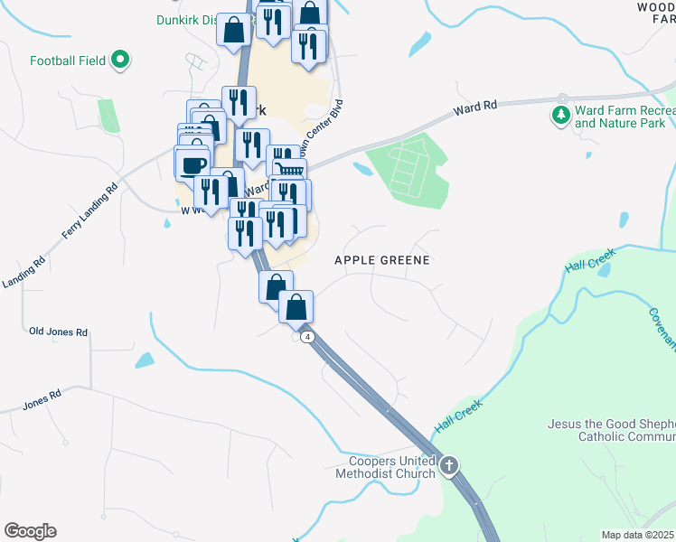 map of restaurants, bars, coffee shops, grocery stores, and more near 8040 Jonathan Drive in Dunkirk