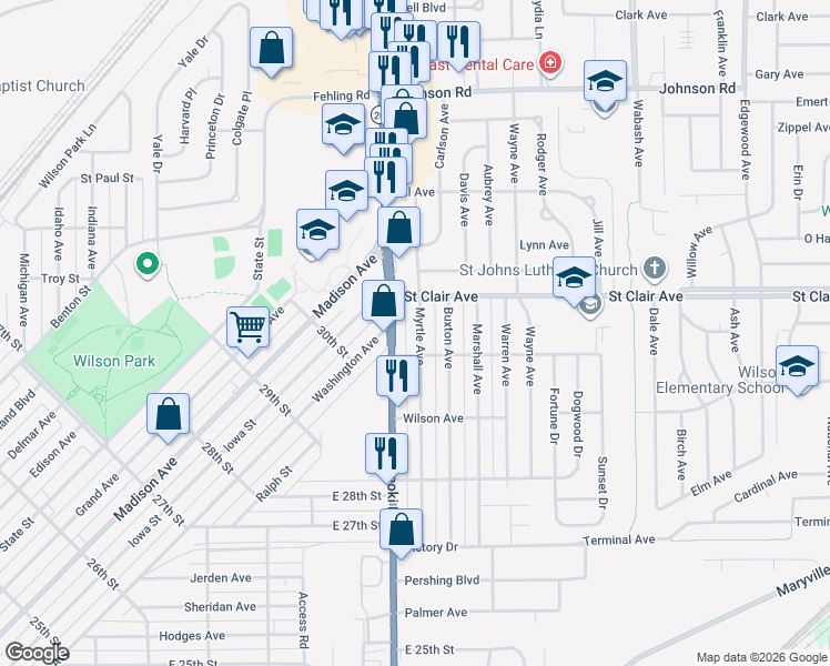 map of restaurants, bars, coffee shops, grocery stores, and more near 3023 Myrtle Avenue in Granite City