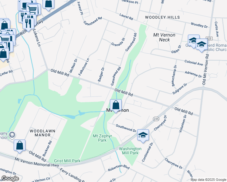 map of restaurants, bars, coffee shops, grocery stores, and more near 4319 Old Mill Road in Alexandria