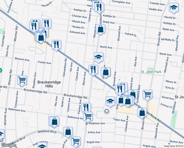 map of restaurants, bars, coffee shops, grocery stores, and more near St Charles Rock Rd & Woodson Rd in Breckenridge Hills