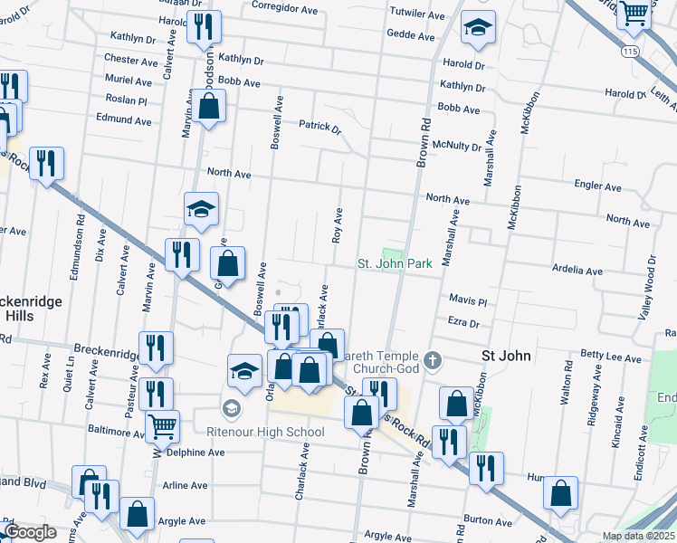 map of restaurants, bars, coffee shops, grocery stores, and more near 8970 Saint Louis Avenue in St. Louis