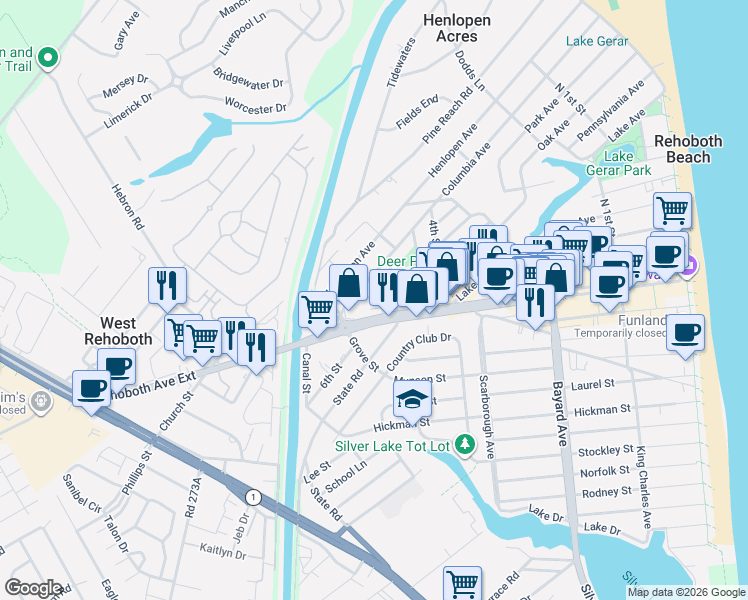 map of restaurants, bars, coffee shops, grocery stores, and more near 92 Sussex Street in Rehoboth Beach