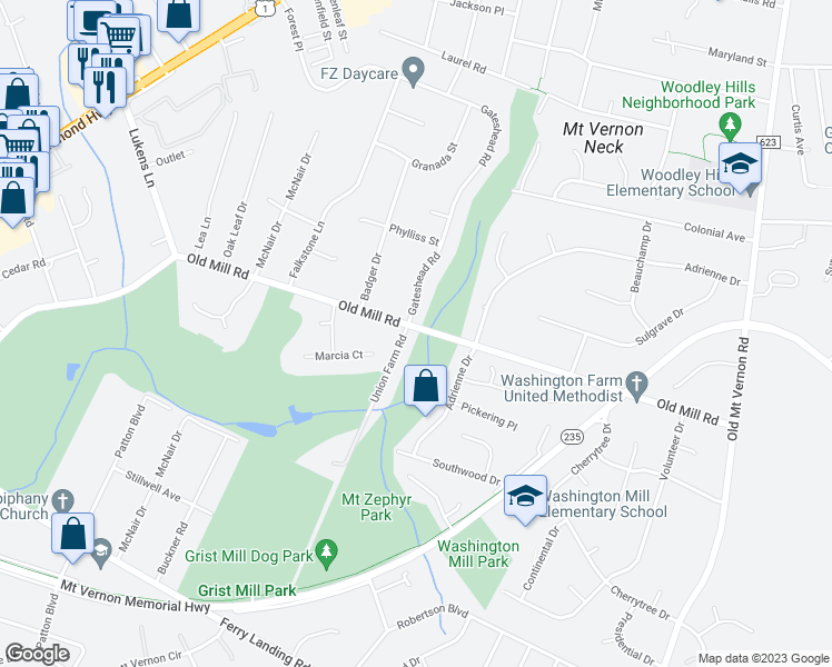 map of restaurants, bars, coffee shops, grocery stores, and more near 4319 Old Mill Road in Alexandria