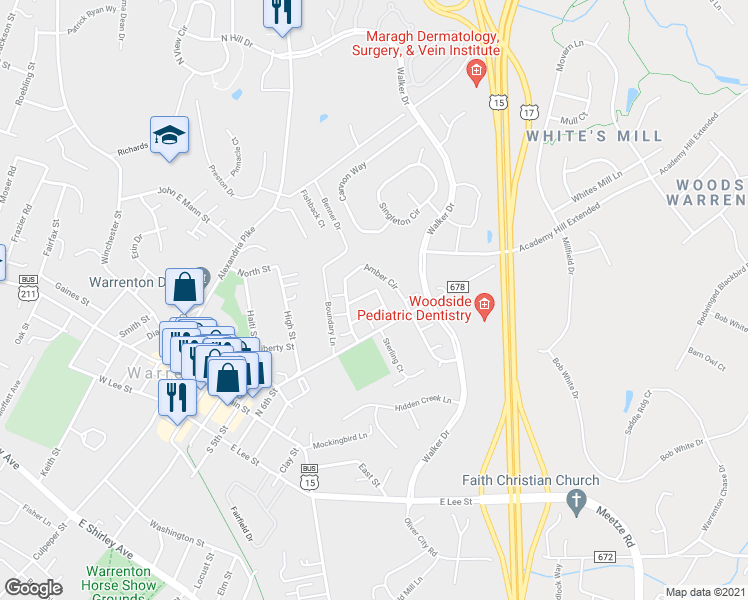 map of restaurants, bars, coffee shops, grocery stores, and more near 223 Onyx Way in Warrenton