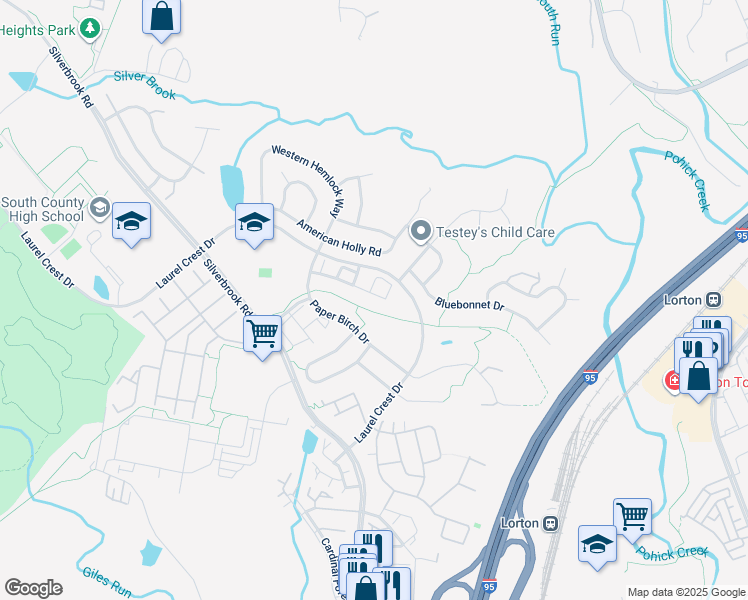map of restaurants, bars, coffee shops, grocery stores, and more near 8199 Singleleaf Ln in Lorton