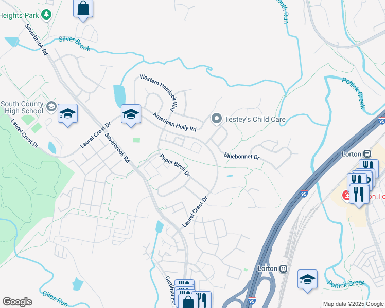 map of restaurants, bars, coffee shops, grocery stores, and more near 8199 Singleleaf Lane in Lorton