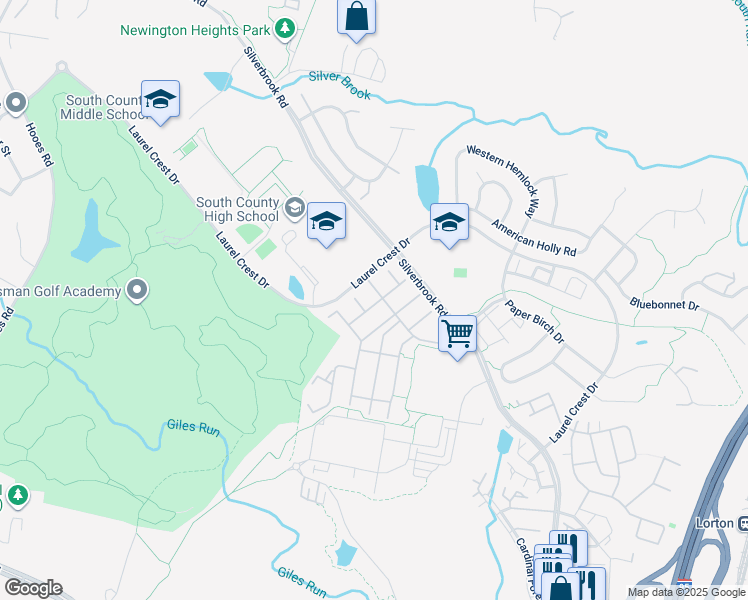 map of restaurants, bars, coffee shops, grocery stores, and more near 8401 Mountain Larkspur Drive in Lorton