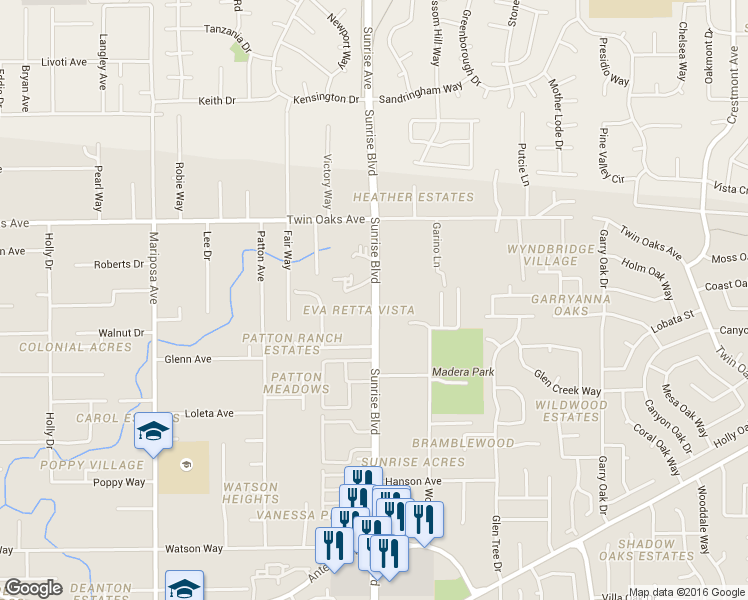 map of restaurants, bars, coffee shops, grocery stores, and more near 8237 Sunrise Boulevard in Citrus Heights