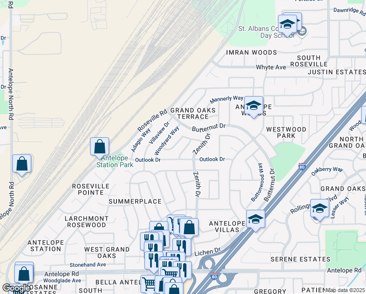 map of restaurants, bars, coffee shops, grocery stores, and more near 6564 Viscount Way in Citrus Heights