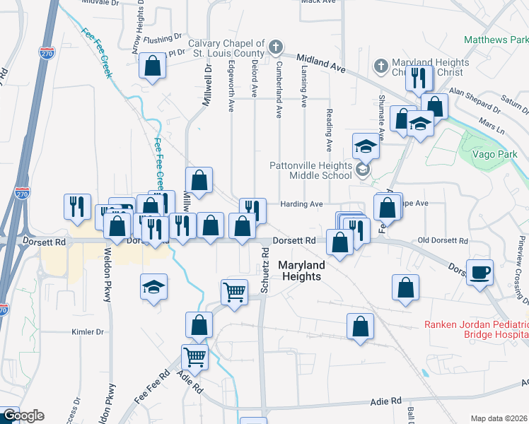 map of restaurants, bars, coffee shops, grocery stores, and more near 165 Cumberland Avenue in Maryland Heights
